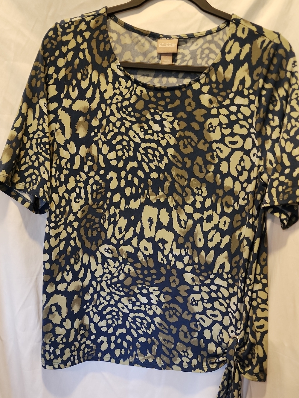 Chico's Navy and Olive Animal-Print Short Sleeve Tie-Side Top